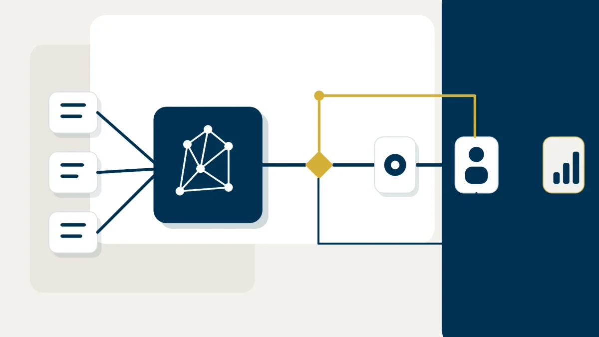 Abstrakte Darstellung eines AI Workflows mit Datenquellen, AI-Verarbeitung, Entscheidung, menschlicher Freigabe und Analyse