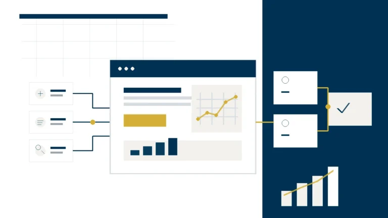 Abstrakte Darstellung eines B2B-Digital-Marketing-Systems von Content und Suche über Website und Analytics bis zu Leads und Wachstum