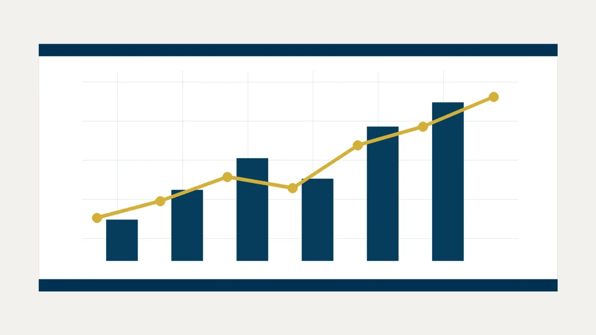 Abstrakte Data-&-Analytics-Visualisierung mit Balken und Entwicklungslinie in Markerista-Farben